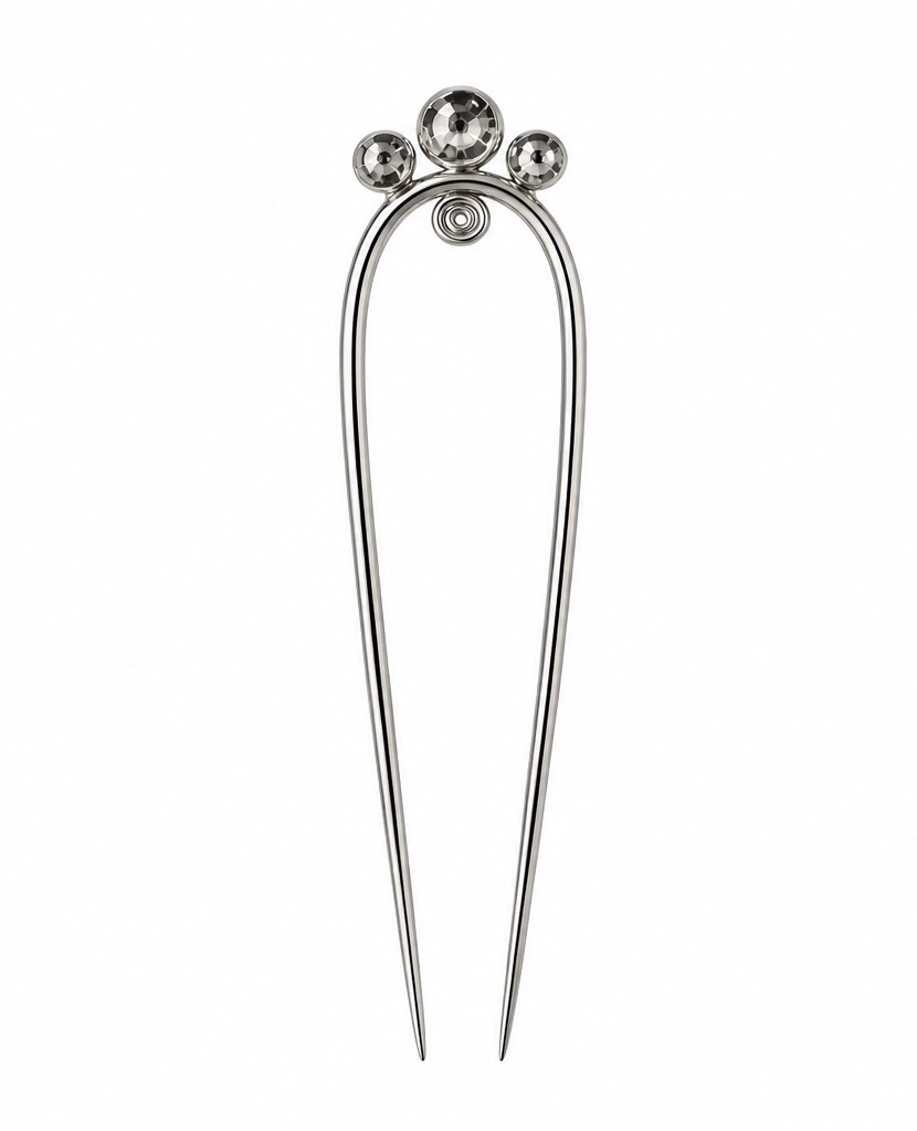 Spiral Pin, üç taş süslü, spiral detaylı, gümüş renkli çift uçlu saç çatalı