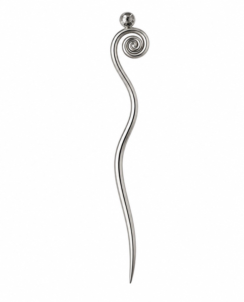 Gümüş renkli, spiral detaylı ve tek taş süslü dalgalı saç çubuğu